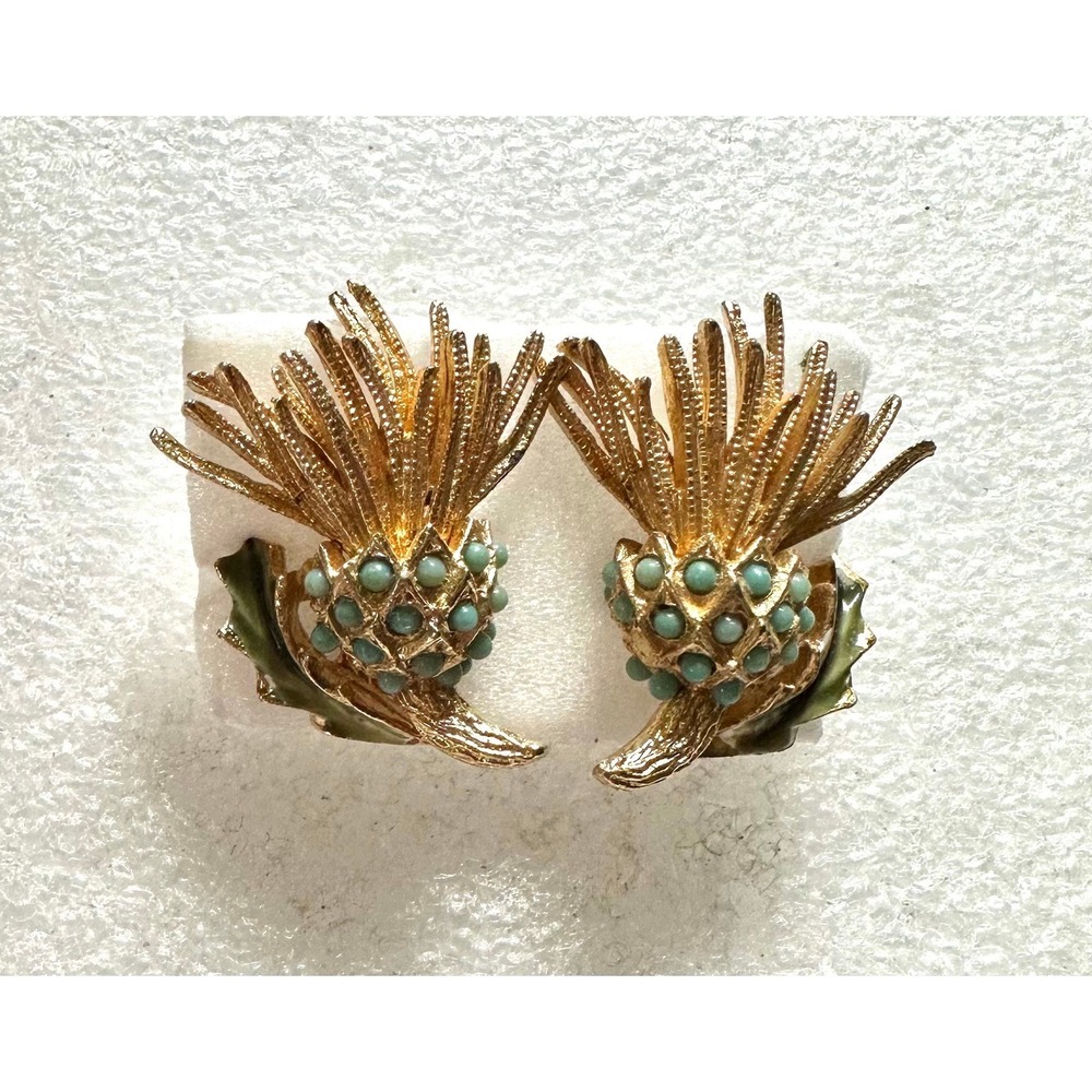 Vintage Coro Thistle Earrings Turquoise Color‎ Beads Clip On